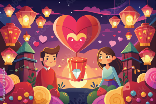 heart shaped paper lanterns floating in the air