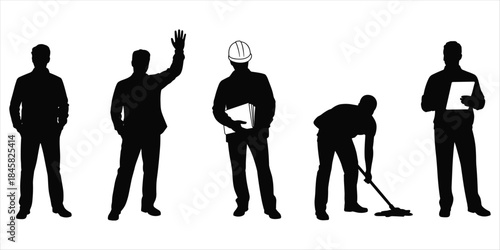 Black Silhouette of Men in Various Poses on White Background person standing