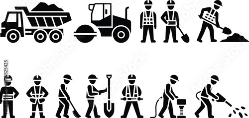Black silhouette icons of construction workers and heavy machinery on white background Keywords: construction worker, dump truck