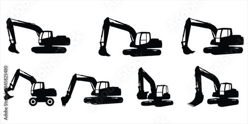 Black silhouettes of excavators with different attachments and tracks Keywords: excavator, digger, construction, machine, heavy