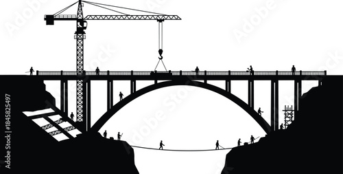 Bridge construction with crane and workers in silhouette building
