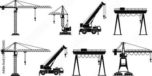 Collection of black silhouette construction cranes and lifting equipment on white background Keywords: crane, construction