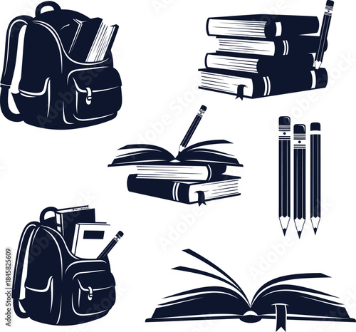 Collection of School Supplies Icons with Backpacks and Books on White Background education