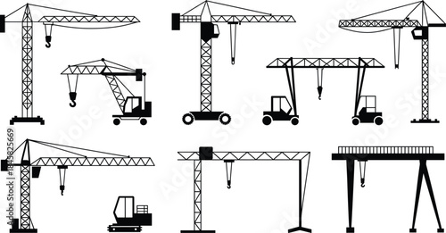 Construction Crane Silhouettes With Different Types On White Background Keywords: construction crane, silhouette, crane, tower