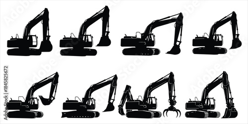 Collection of Black Silhouette Excavator Diggers and Construction Vehicles heavy equipment