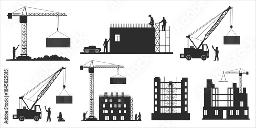 Construction site scenes with cranes, buildings, and workers in silhouette Keywords: construction, site, crane, building, tower
