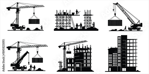 Construction site silhouettes with cranes workers and buildings Keywords: construction, building, crane, worker, silhouette
