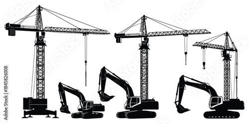 Construction site silhouettes with excavators and tower cranes digger