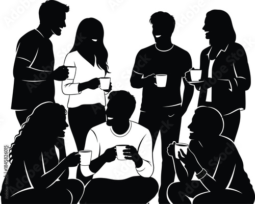 Silhouette of a group of people gathered together holding coffee cups and talking vector illustration