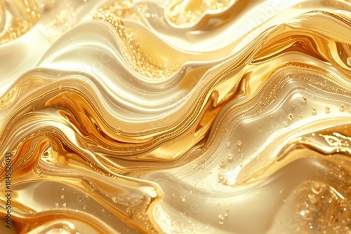 A gold and silver wave pattern with bubbles and water droplets