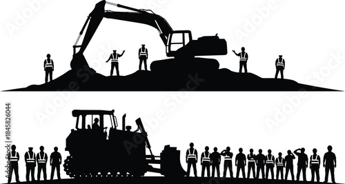 Construction site with excavator and bulldozer surrounded by workers in silhouette heavy equipment