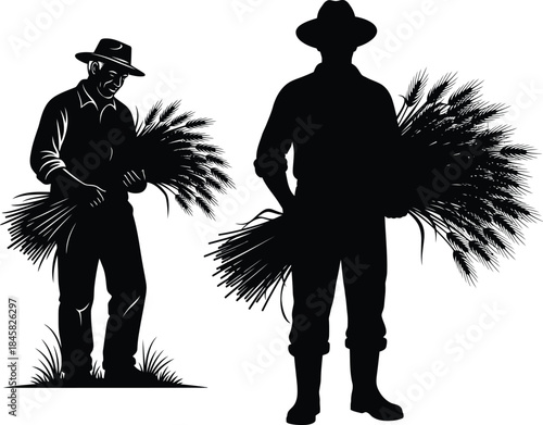 Silhouettes of farmers holding bundles of wheat stalks with hats and boots harvest