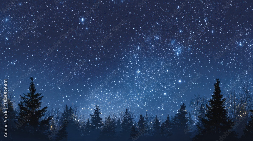 Naklejka premium Starry night sky over forest silhouette in winter landscape