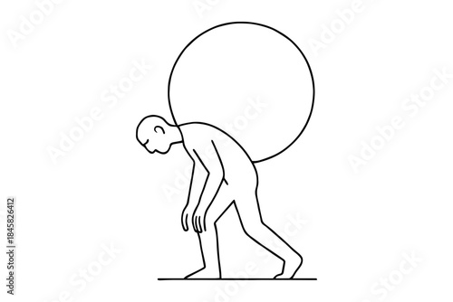 Minimalist line art of a person carrying a heavy sphere on their back