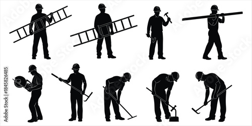 Construction Worker Silhouettes With Tools And Equipment On White Background Keywords: construction worker, silhouette, man
