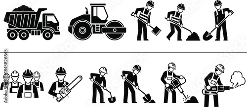 Construction workers and heavy machinery icons set on white background male person