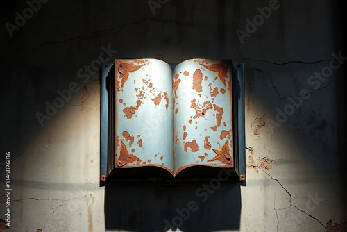 Old metal book covered in rust on a cracked concrete surface. Steampunk fantasy