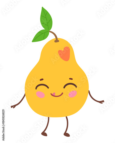 Vector illustration of a cute pear with smiling face and green leaves. Flat isolated fruit object.