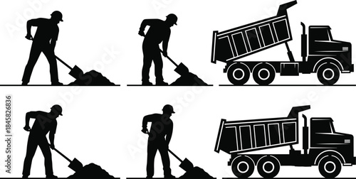 Construction workers shoveling dirt and dump trucks in silhouette sand