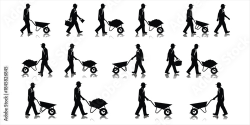 Construction workers pushing wheelbarrows and carrying tools silhouettes with reflections Keywords: construction, worker, man