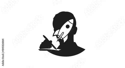Creative writer with rocket pen symbolizing fast idea generation.