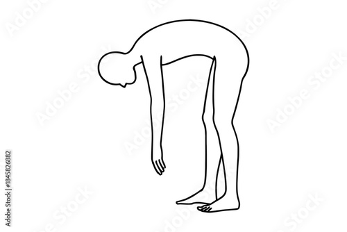 Minimalist line art of standing figure in forward bend pose for yoga and wellness themes