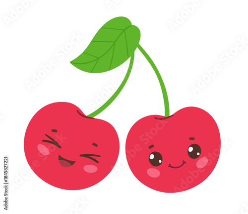 Vector illustration of two cute cherries with smiling faces and green leaf. Flat isolated fruit object.