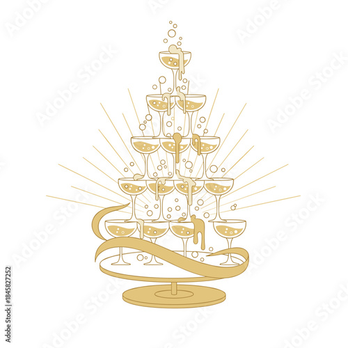 Art Deco Christmas Gatsby Glamour champagne tower fountain in gold line art style for luxury New Year party invitation or cocktail menu design with copy space