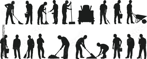 Silhouette of construction workers performing various tasks on white background male person