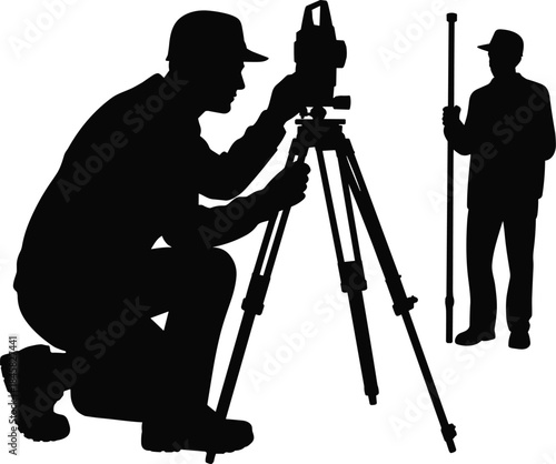 Silhouette of surveyors with equipment on white background surveying male