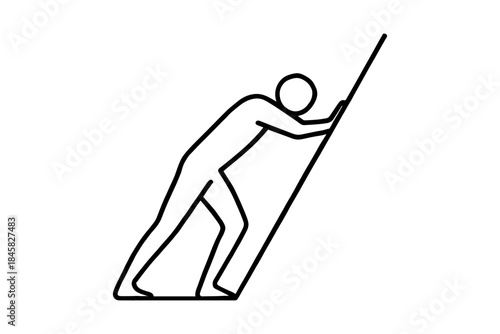 Determined figure pushing an obstacle upward in simple linear style
