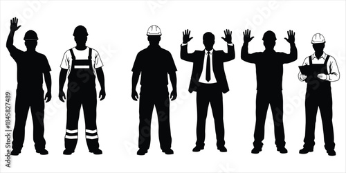 Silhouettes of construction workers and a businessman in different attire Keywords: construction, worker, man, silhouette