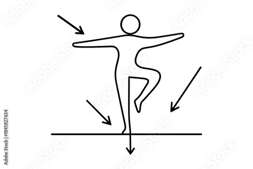 Linear minimalist figure practicing balance with directional arrows