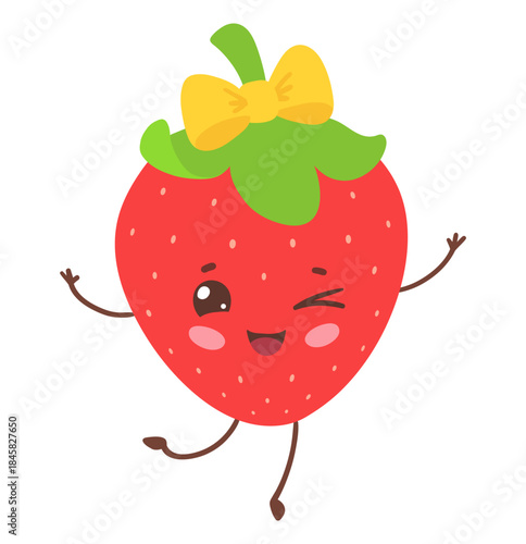 Vector illustration of a cute strawberry with smiling face and yellow bow. Flat isolated fruit object.