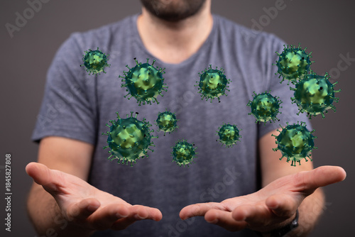 Foto Image of a man holding stylized viruses, symbolizing health, disease, and the COVID-19 pandemic
