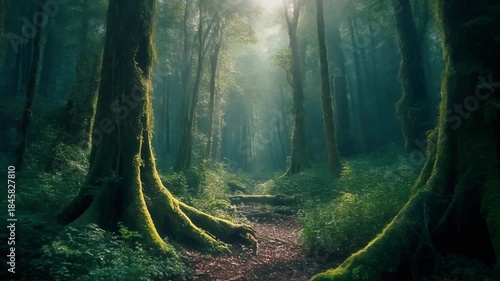 Enchanted Forest Path with Ancient Mossy Trees and Golden Sunlight Breaking Through