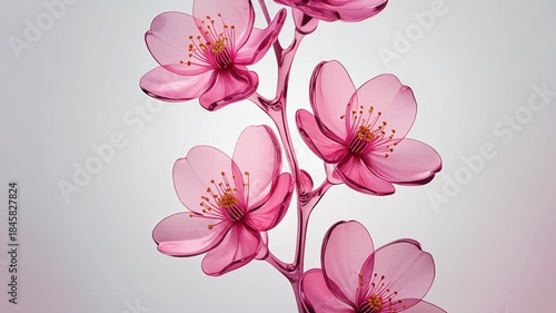 Elegant Pink Cherry Blossoms Branch with Translucent Petals on an Isolated White Background