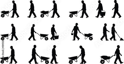 Silhouettes of construction workers pushing wheelbarrows and carrying buckets person