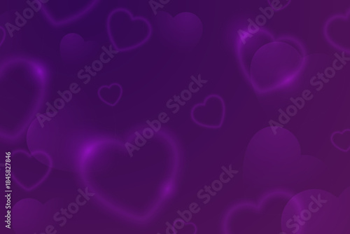 Romantic and soft purple background with glowing and blurred translucent hearts in various sizes. Valentines day abstract backdrop. Ideal for love designs, banner, greeting card.