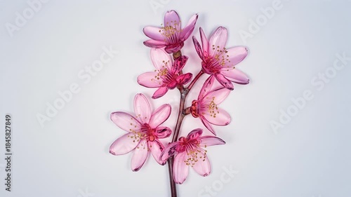 Fresh Pink Cherry Blossoms Branch Laying Down on an Isolated White Background