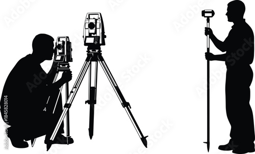 Silhouettes of surveyors with surveying equipment on tripods vector illustration