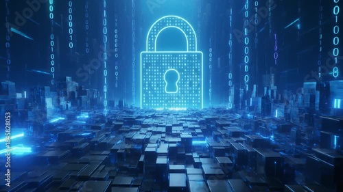 Digital Padlock Icon in Futuristic Blue Cyberspace City with Binary Code, Data Security Concept