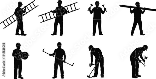 Silhouettes of construction workers with tools and equipment vector illustration