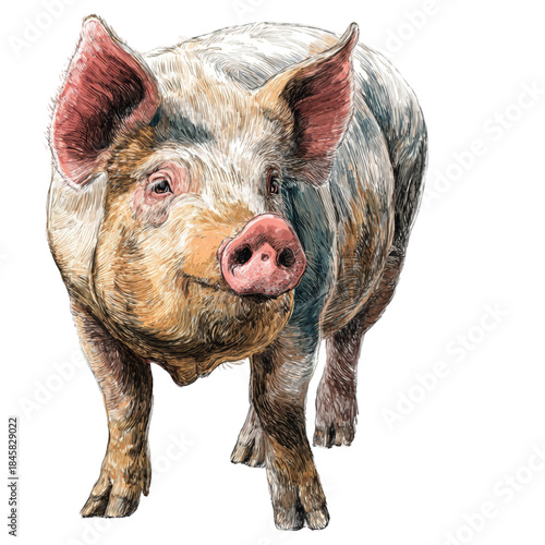 Artistic watercolor illustration of a friendly farm pig.