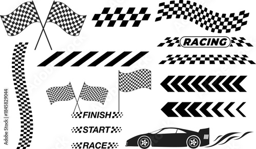 Checkered Racing Flag and Sports Car Silhouette Vector Set Motorsport Start and Finish Line Icons for Competition