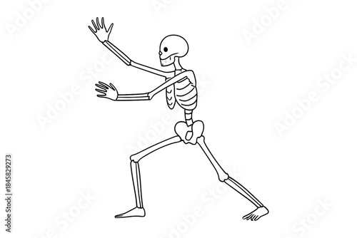 Skeleton performing yoga pose in warrior stance on white background