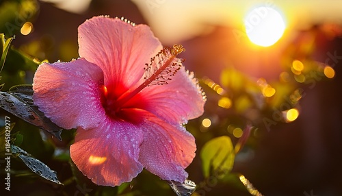 vibrant pink hibiscus flower with raindrops glistening under soft sunlight during early morning hours