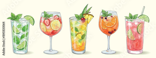Colorful non alcoholic mocktail set with Virgin Mojito, Strawberry Lemonade, Pineapple Cooler, Watermelon Fizz and Spritz, vectors isolated on light