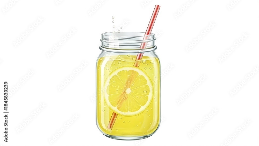 Fototapeta premium Fresh lemonade in mason jar with slice and straw, isolated on white background