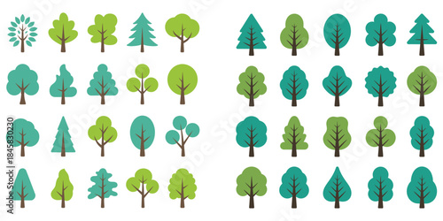 Set of green trees and blue flowers vector icons collection